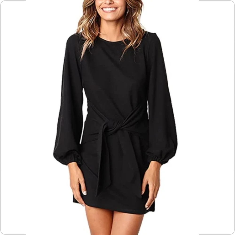 NWT PRETTY GARDEN BLACK LANTERN SLEEVE TIE WAIST KNIT DRESS SIZE MEDIUM